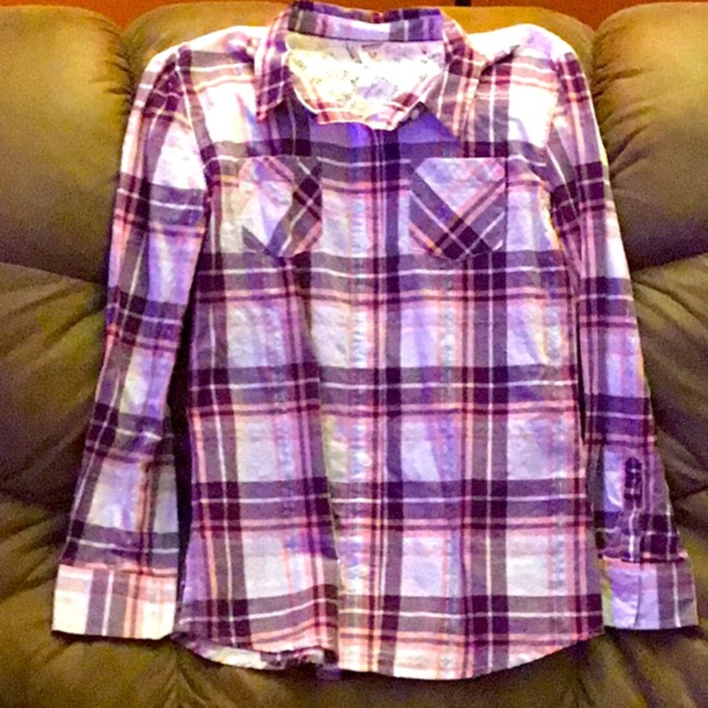 Arizona Girls Long-Sleeve Shirt Size XL 16 REG Purple/Pink/White with Silver
